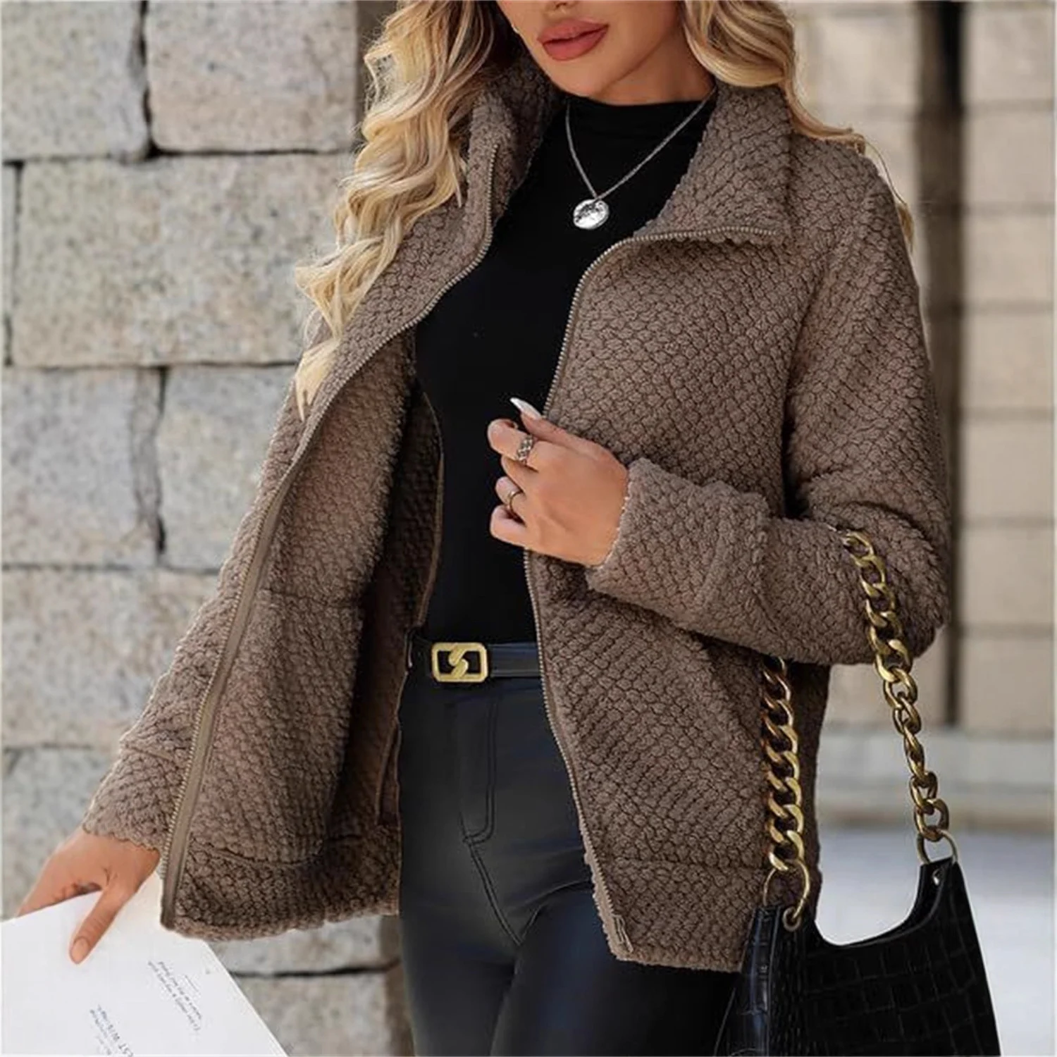 Women's Padded Fleece-lined Zip-up Jacket With Pocket And Lapel — image 6