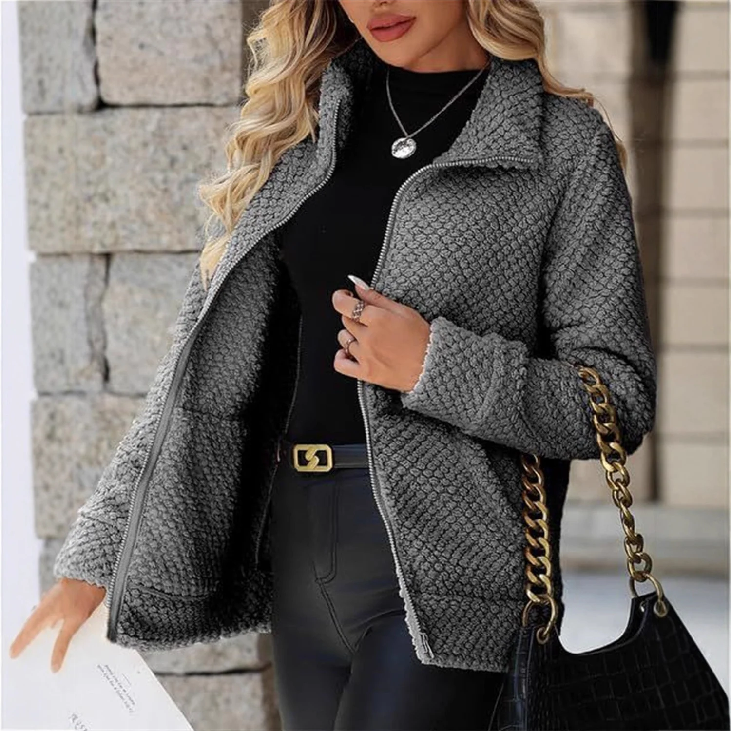Women's Padded Fleece-lined Zip-up Jacket With Pocket And Lapel — image 10