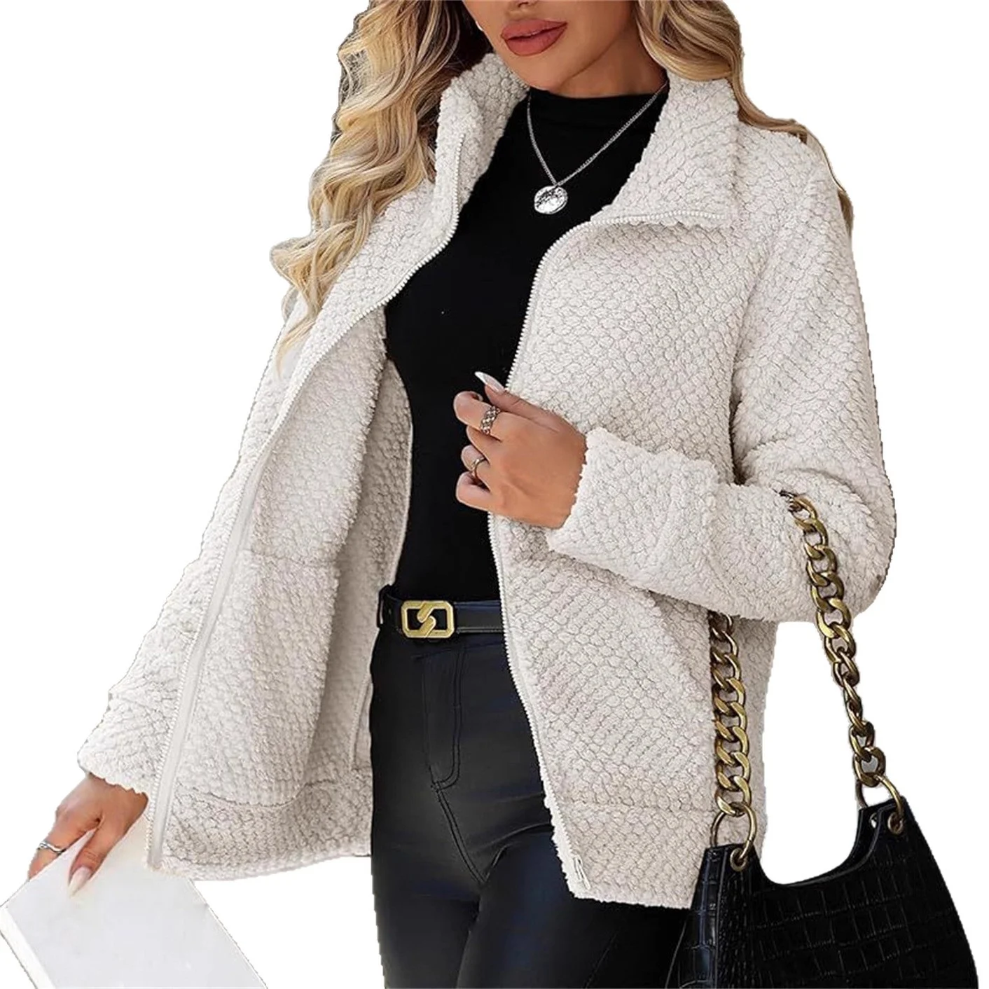 Women's Padded Fleece-lined Zip-up Jacket With Pocket And Lapel — image 2