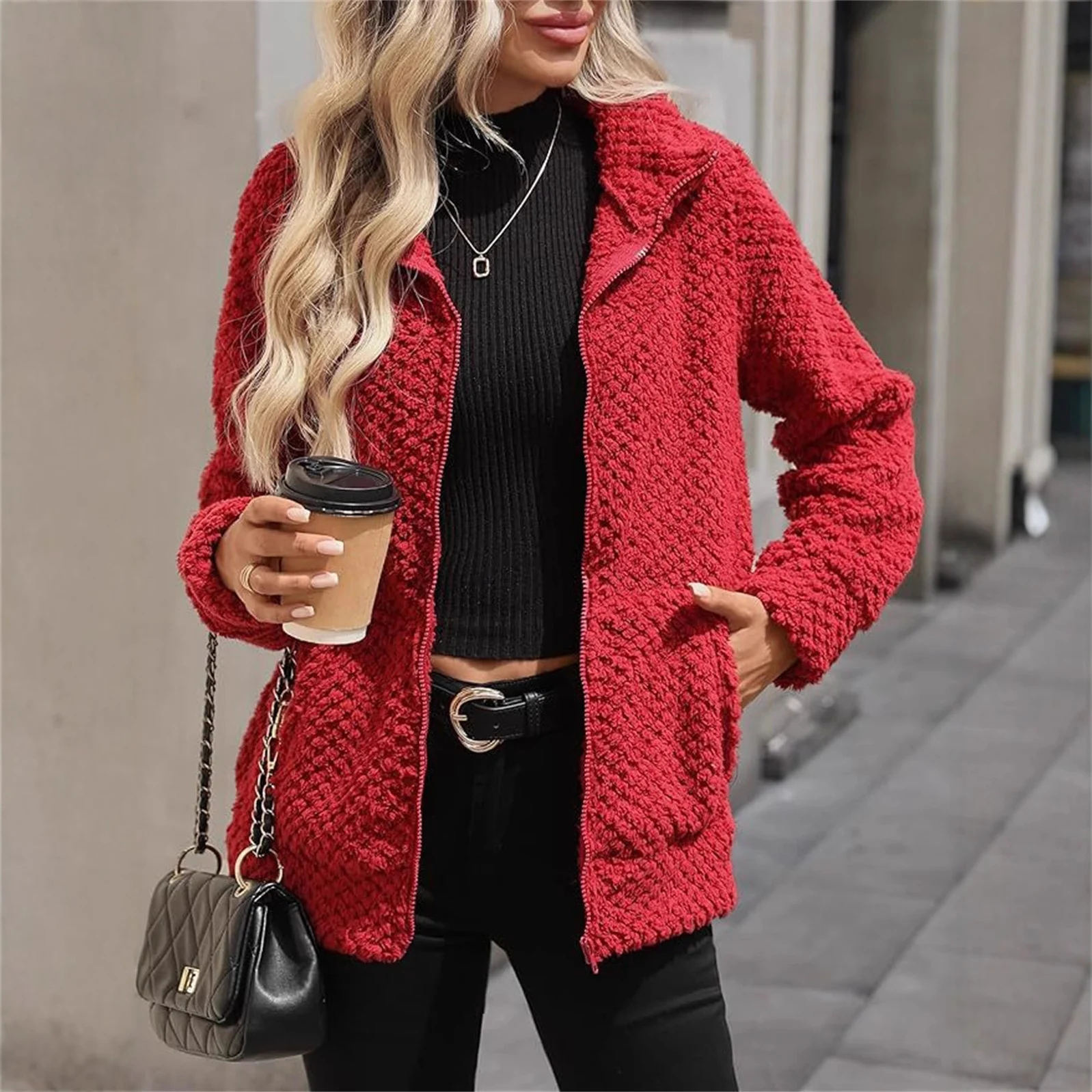 Women's Padded Fleece-lined Zip-up Jacket With Pocket And Lapel — image 1