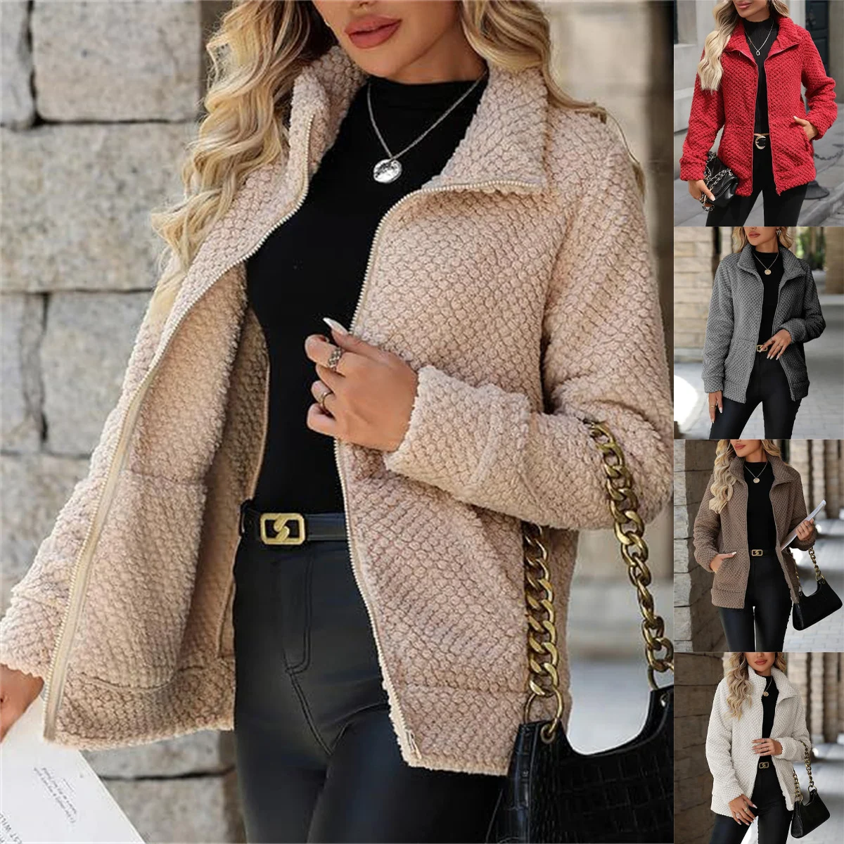 Women's Padded Fleece-lined Zip-up Jacket With Pocket And Lapel — image 5