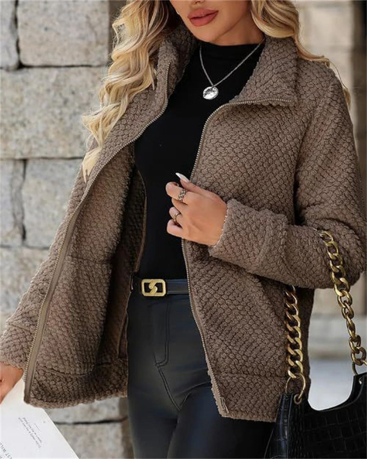 Women's Padded Fleece-lined Zip-up Jacket With Pocket And Lapel — image 9