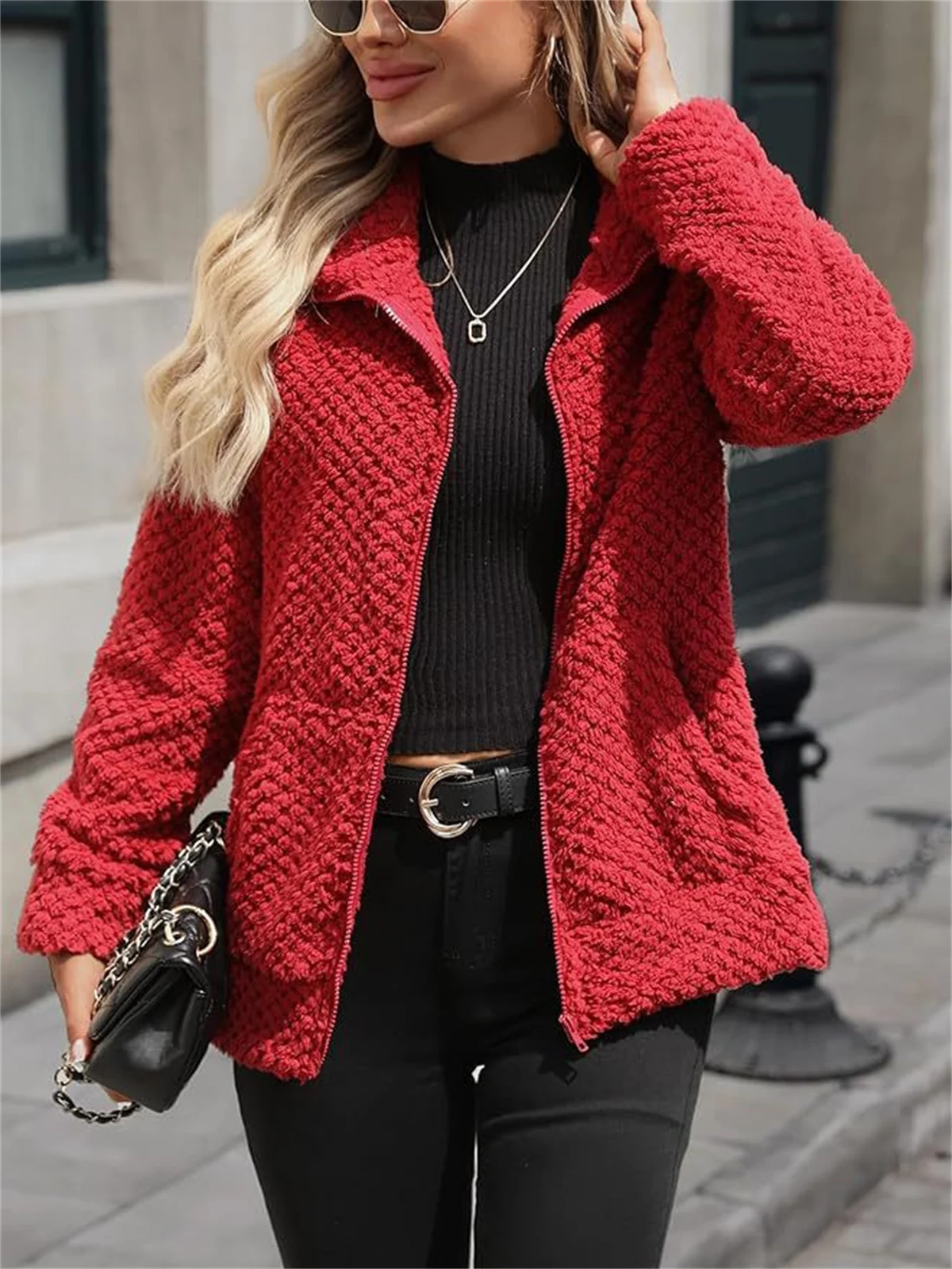 Women's Padded Fleece-lined Zip-up Jacket With Pocket And Lapel — image 4