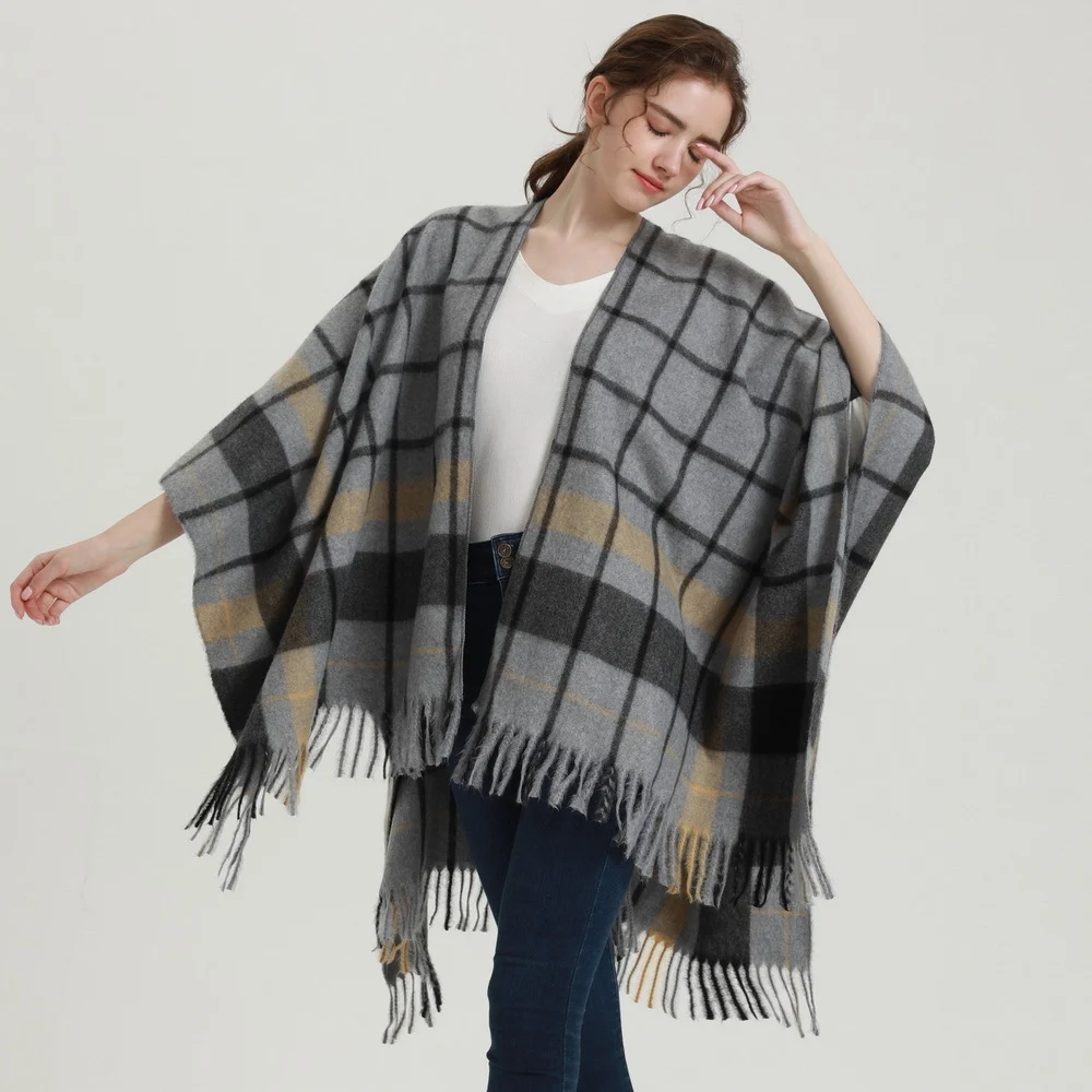 Women's Plaid Scarf Shawl, Plush Double-sided Wearable Faux Cashmere Split Large Shawl… — image 3