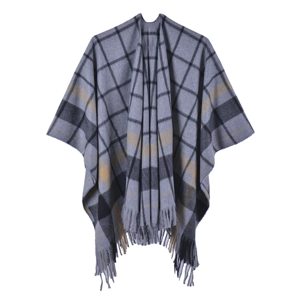 Women's Plaid Scarf Shawl, Plush Double-sided Wearable Faux Cashmere Split Large Shawl… — image 5