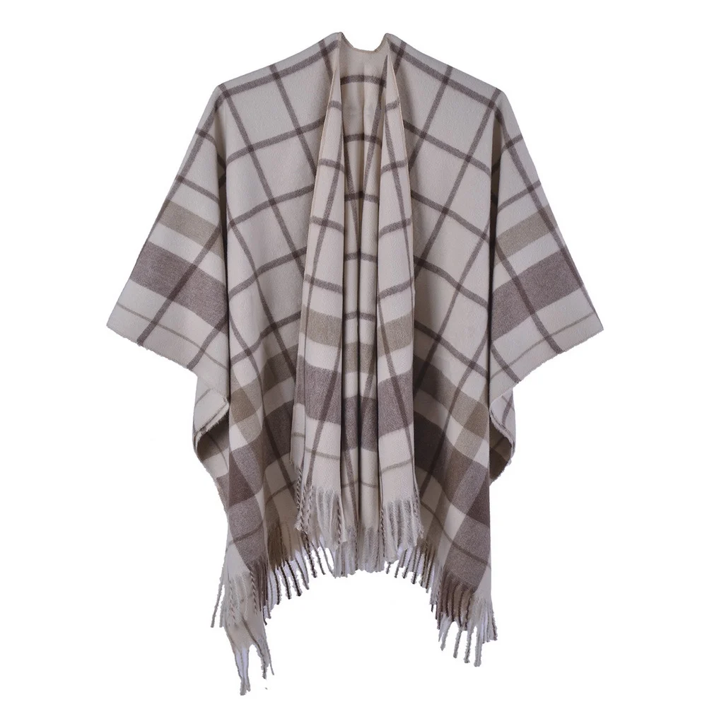 Women's Plaid Scarf Shawl, Plush Double-sided Wearable Faux Cashmere Split Large Shawl… — image 2