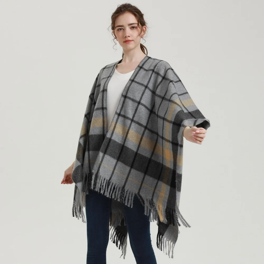 Women's Plaid Scarf Shawl, Plush Double-sided Wearable Faux Cashmere Split Large Shawl… — image 4