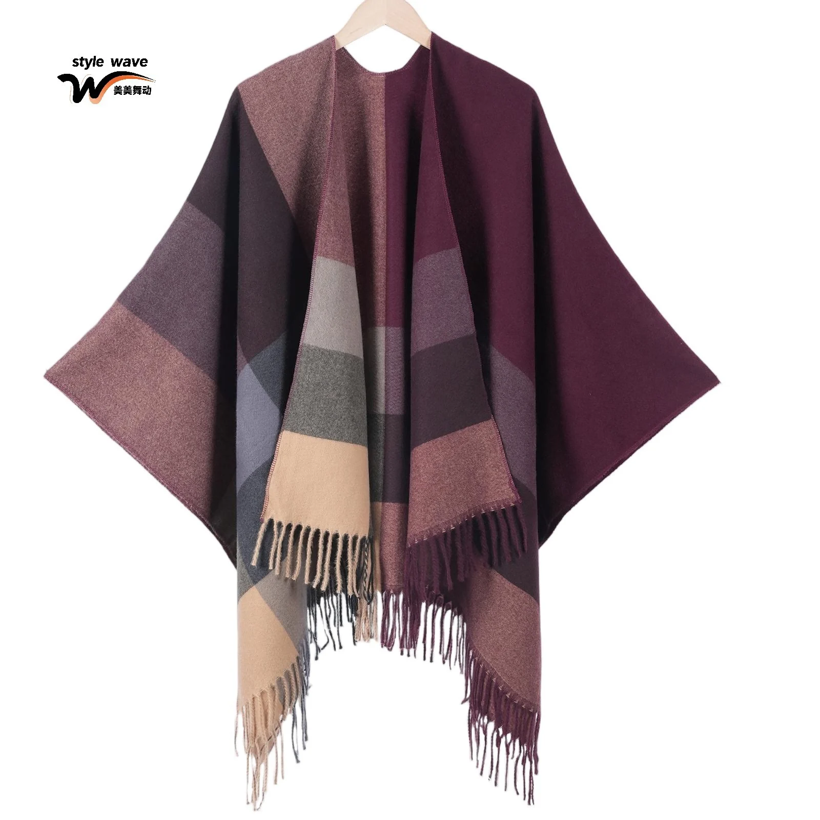Women's Plaid Shawl, Spring Autumn Classic Jacquard Tassel Split Knit Poncho — image 2