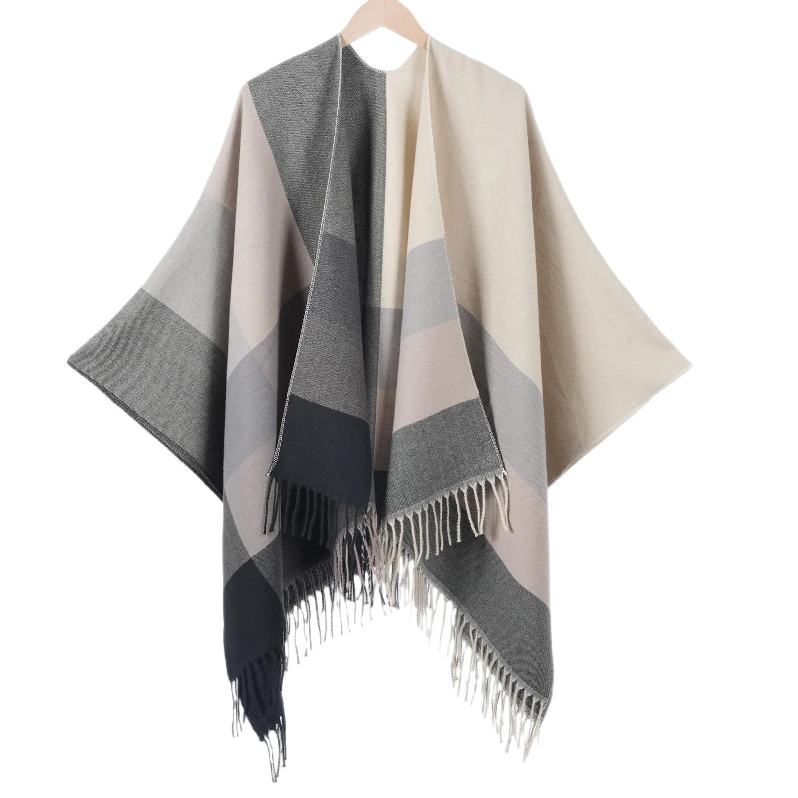 Women's Plaid Shawl, Spring Autumn Classic Jacquard Tassel Split Knit Poncho — image 3