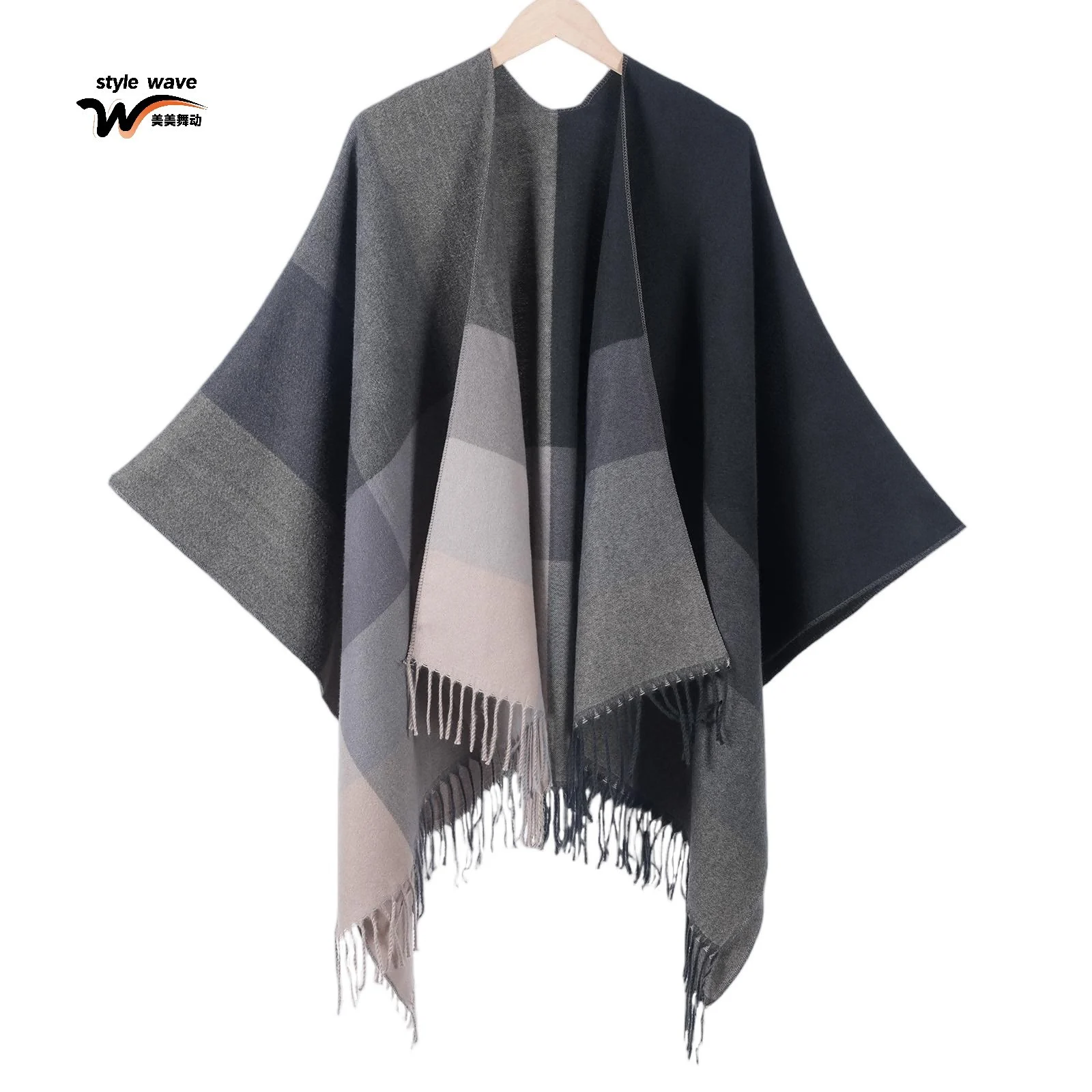 Women's Plaid Shawl, Spring Autumn Classic Jacquard Tassel Split Knit Poncho — image 4