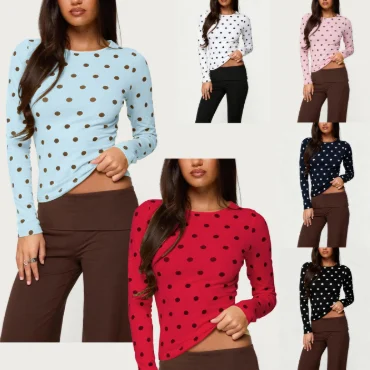 Women's Polka Dot Slim Fit Round Neck Long Sleeves Top T-shirt — image 5