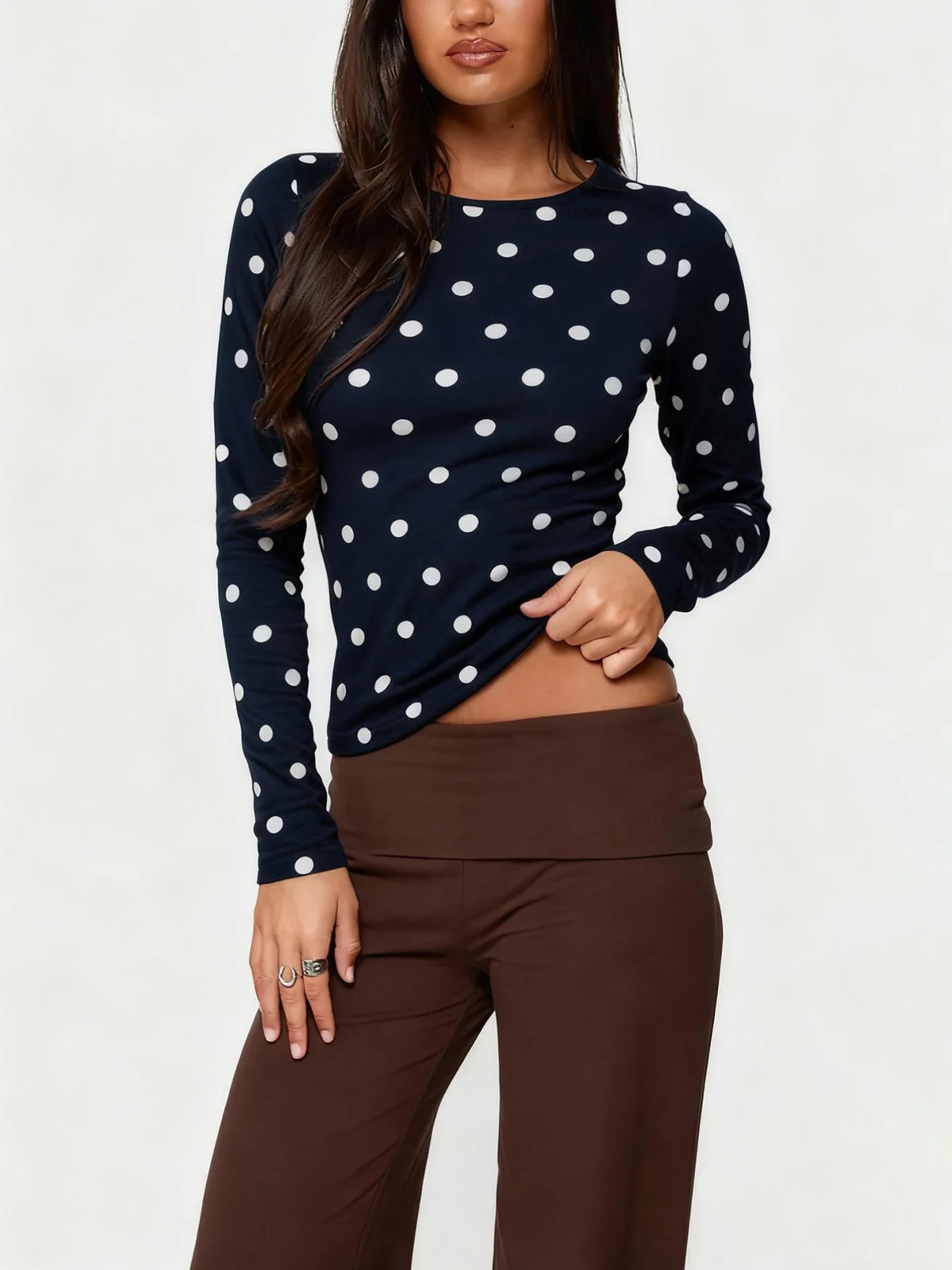 Women's Polka Dot Slim Fit Round Neck Long Sleeves Top T-shirt — image 7