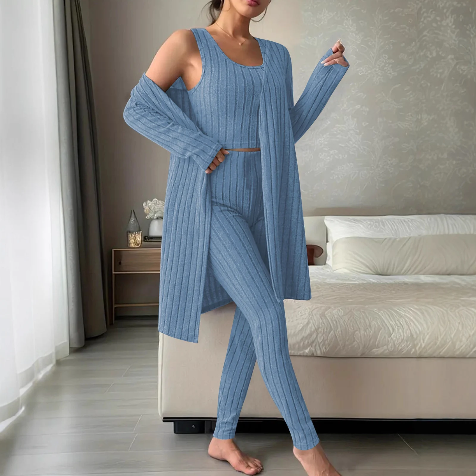 Women's Ribbed Knit 3 Piece Outfit, Sleeveless Tank Top Long Pants Sleeve Open Front… — image 6