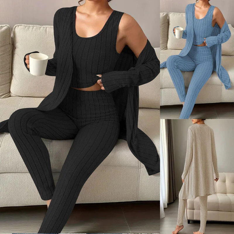 Women's Ribbed Knit 3 Piece Outfit, Sleeveless Tank Top Long Pants Sleeve Open Front… — image 5
