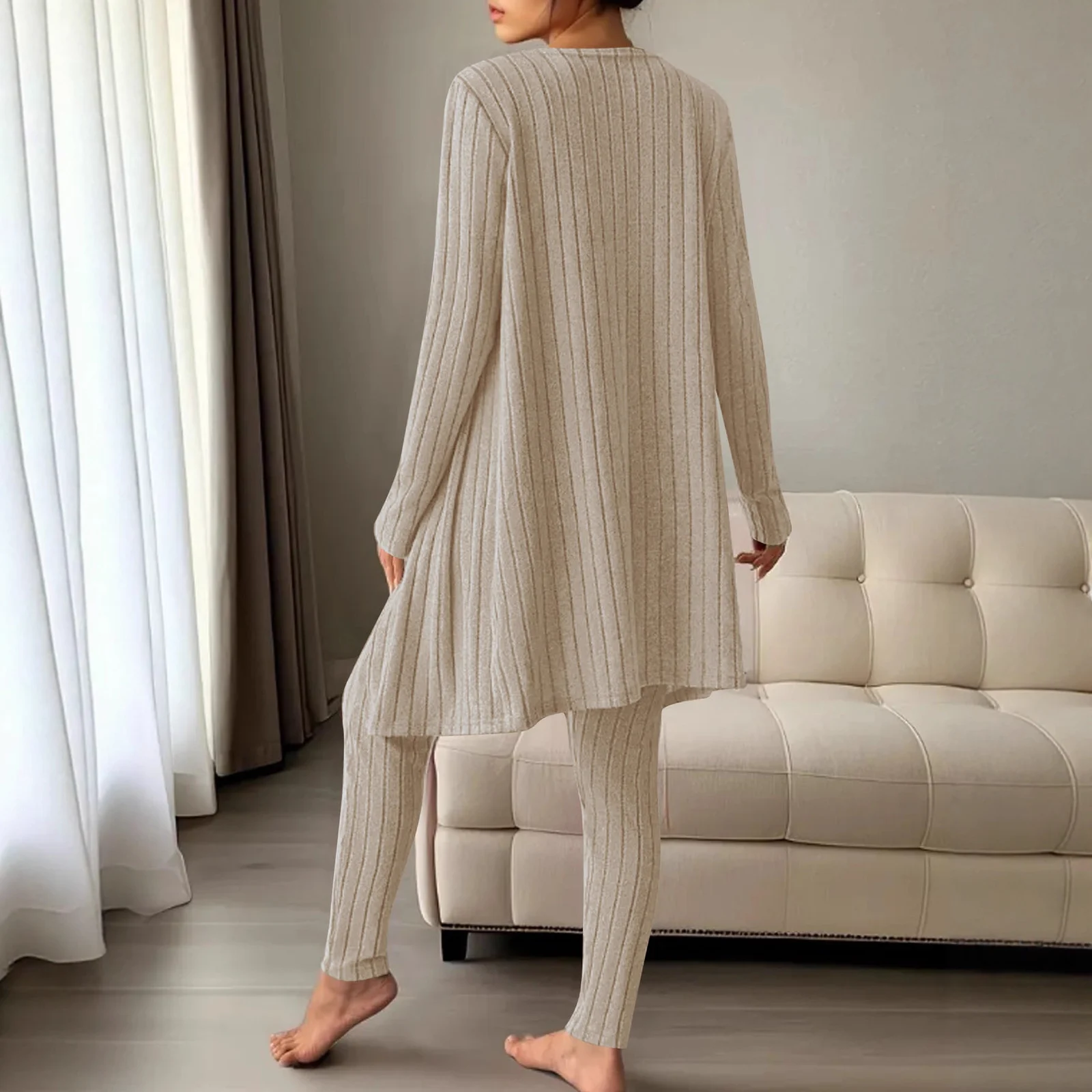 Women's Ribbed Knit 3 Piece Outfit, Sleeveless Tank Top Long Pants Sleeve Open Front… — image 7