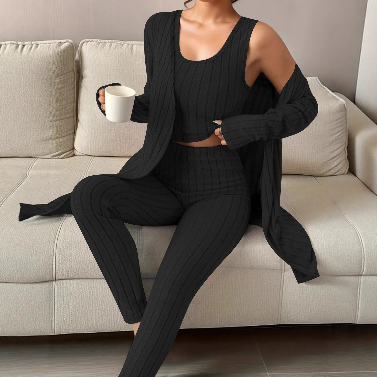 Women's Ribbed Knit 3 Piece Outfit, Sleeveless Tank Top Long Pants Sleeve Open Front… — image 2