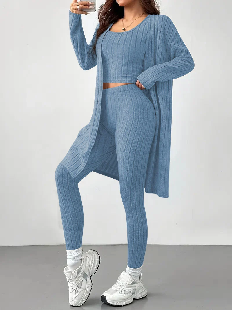 Women's Ribbed Knit 3 Piece Outfit, Sleeveless Tank Top Long Pants Sleeve Open Front… — image 1