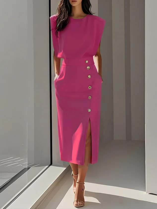 Women's Round Neck Sleeveless Button Slit Solid Color Fashionable Versatile Dress — image 6