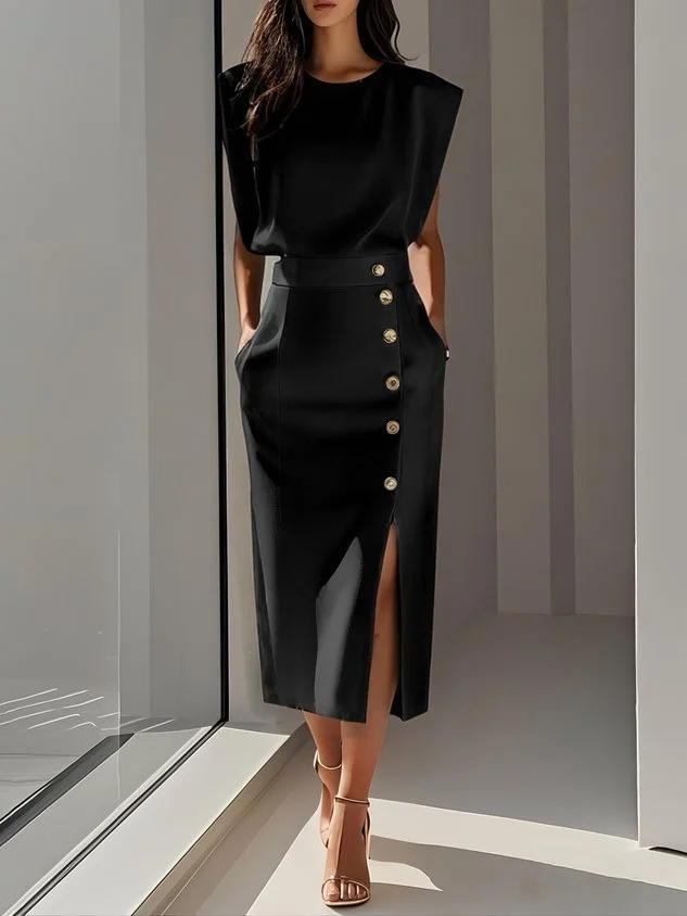 Women's Round Neck Sleeveless Button Slit Solid Color Fashionable Versatile Dress — image 7