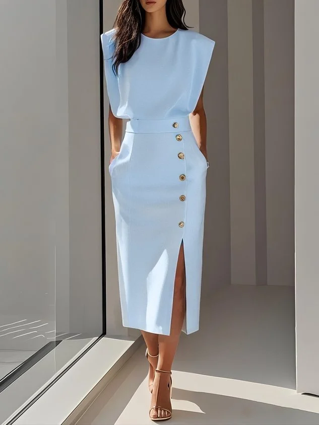 Women's Round Neck Sleeveless Button Slit Solid Color Fashionable Versatile Dress — image 5