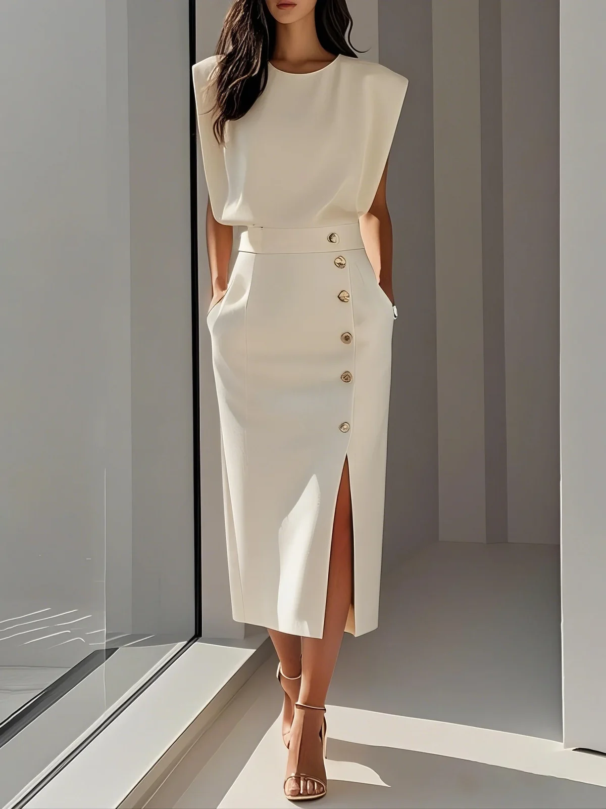 Women's Round Neck Sleeveless Button Slit Solid Color Fashionable Versatile Dress — image 4