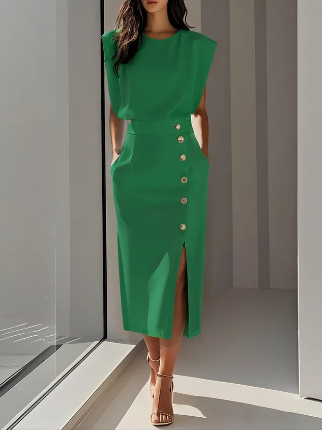Women's Round Neck Sleeveless Button Slit Solid Color Fashionable Versatile Dress — image 3