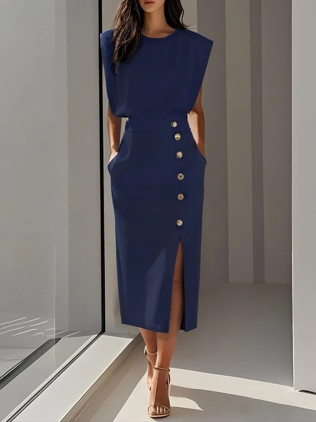 Women's Round Neck Sleeveless Button Slit Solid Color Fashionable Versatile Dress — image 1