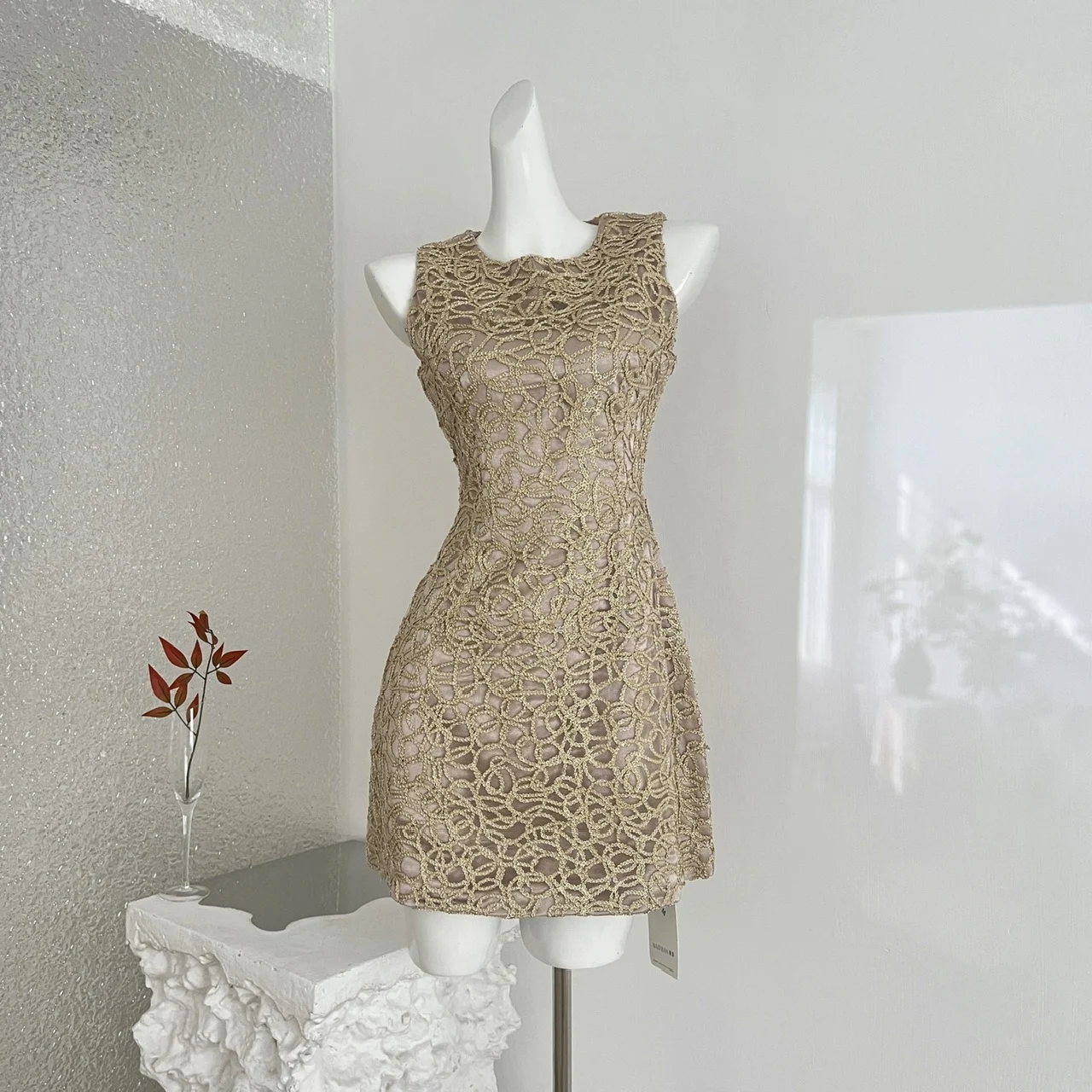 Women's Slim Fit Club Dress - New Gold Thread 3D Embroidery Midi Formal Gown — image 3