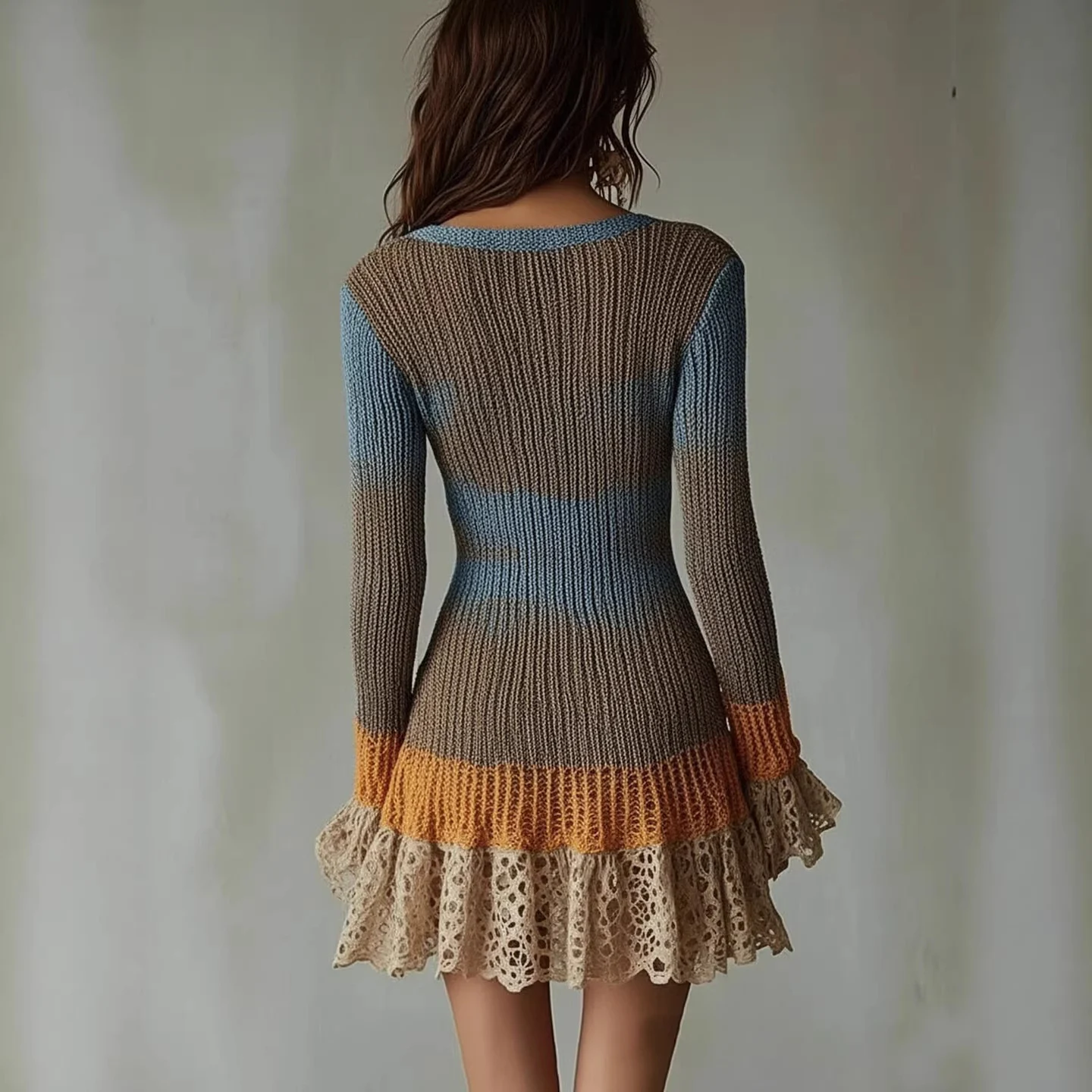 Women's Spring Summer Long Sleeve Knit V Neck Cropped Dress, Skirt, Skirt — image 3