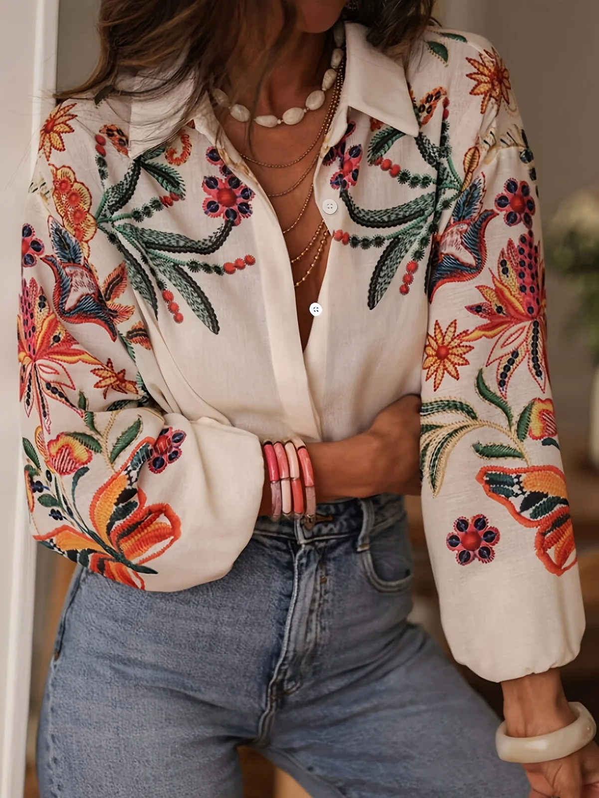 Women's Spring Summer Loose Fit Long Sleeve Digital Print Shirt — image 3