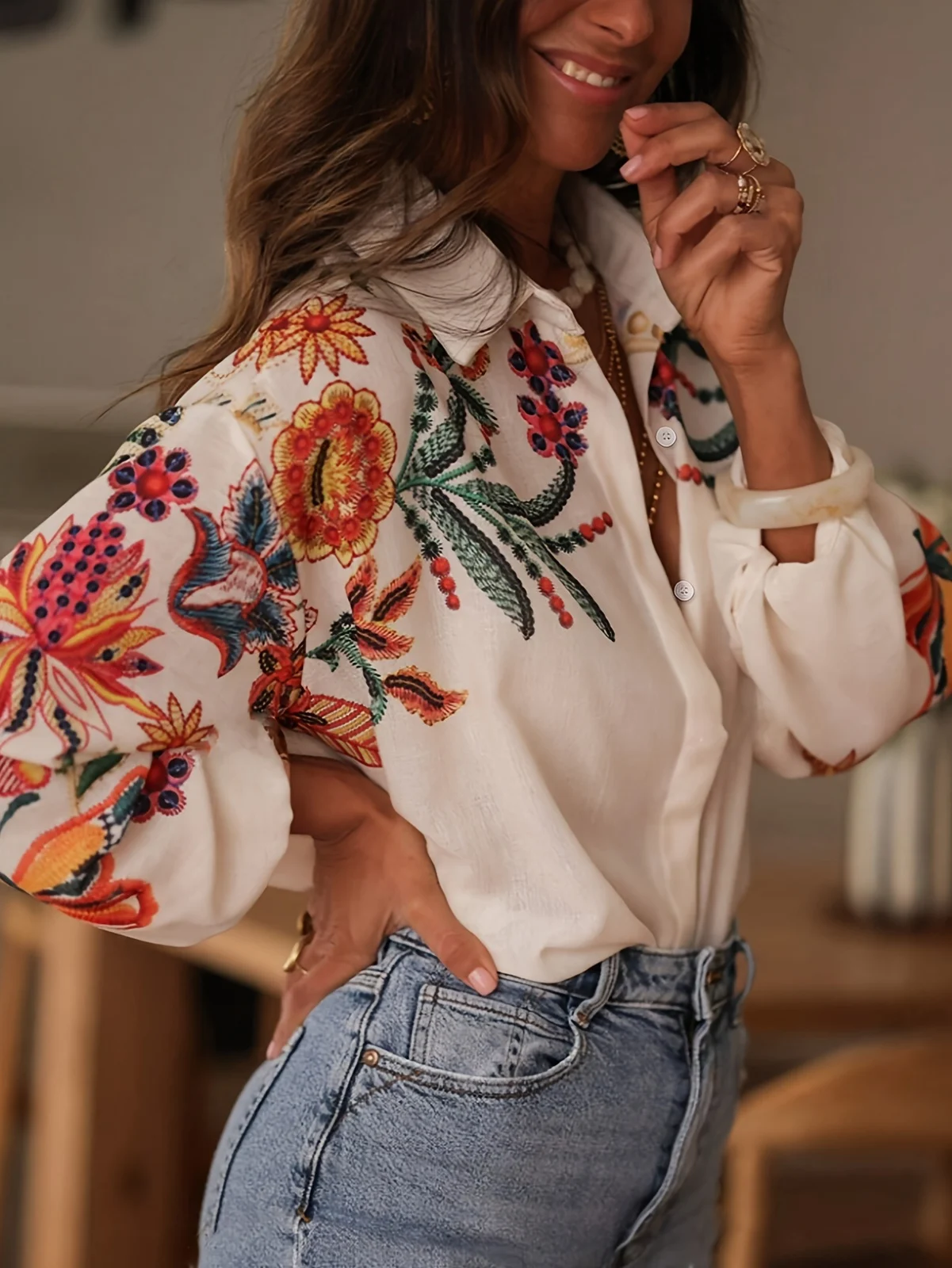 Women's Spring Summer Loose Fit Long Sleeve Digital Print Shirt — image 4