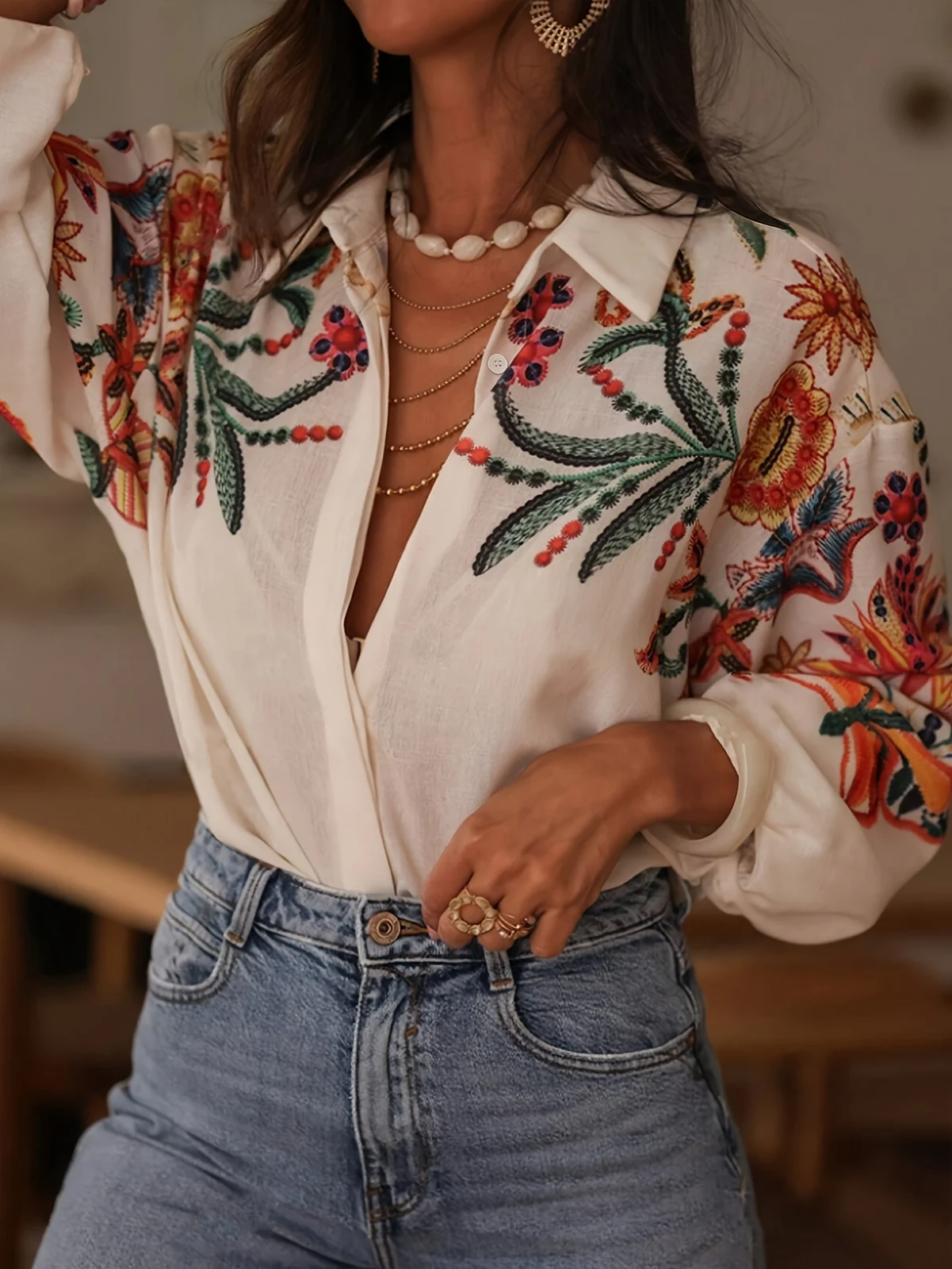Women's Spring Summer Loose Fit Long Sleeve Digital Print Shirt — image 5