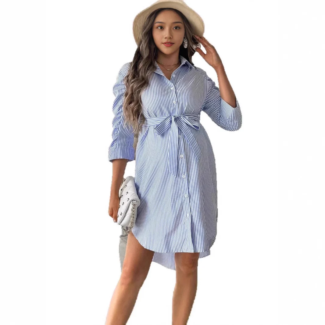 Women's Striped Lapel Button Casual Maternity Wear — image 3