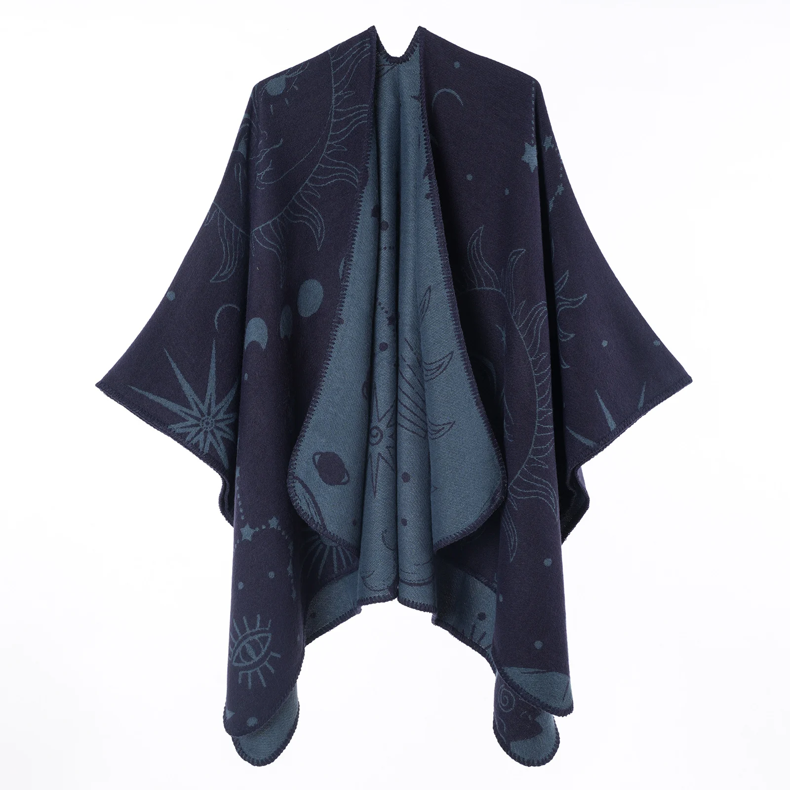 Women's Sun Moon Starry Sky Jacquard Poncho Shawl, Travel Photo Faux Cashmere Warm Split — image 5