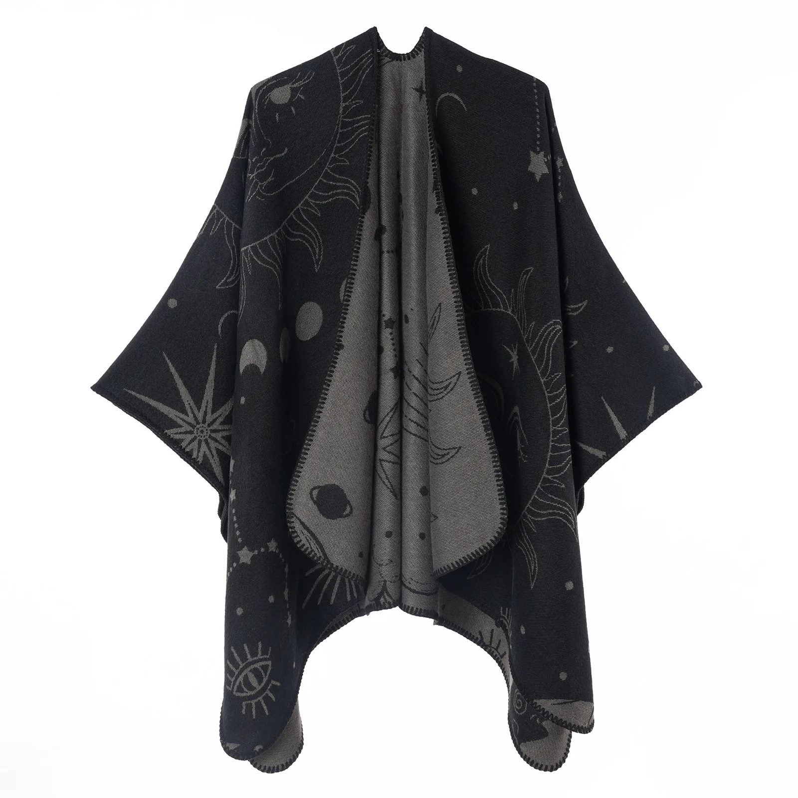 Women's Sun Moon Starry Sky Jacquard Poncho Shawl, Travel Photo Faux Cashmere Warm Split — image 2