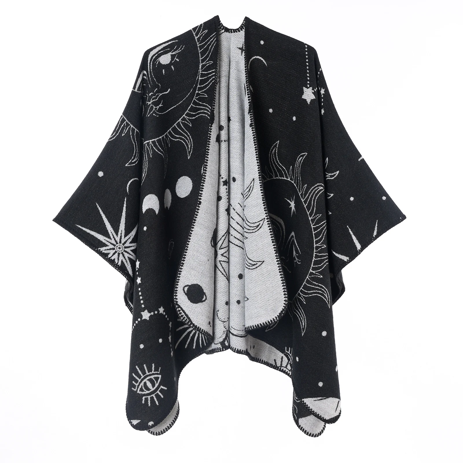 Women's Sun Moon Starry Sky Jacquard Poncho Shawl, Travel Photo Faux Cashmere Warm Split — image 3