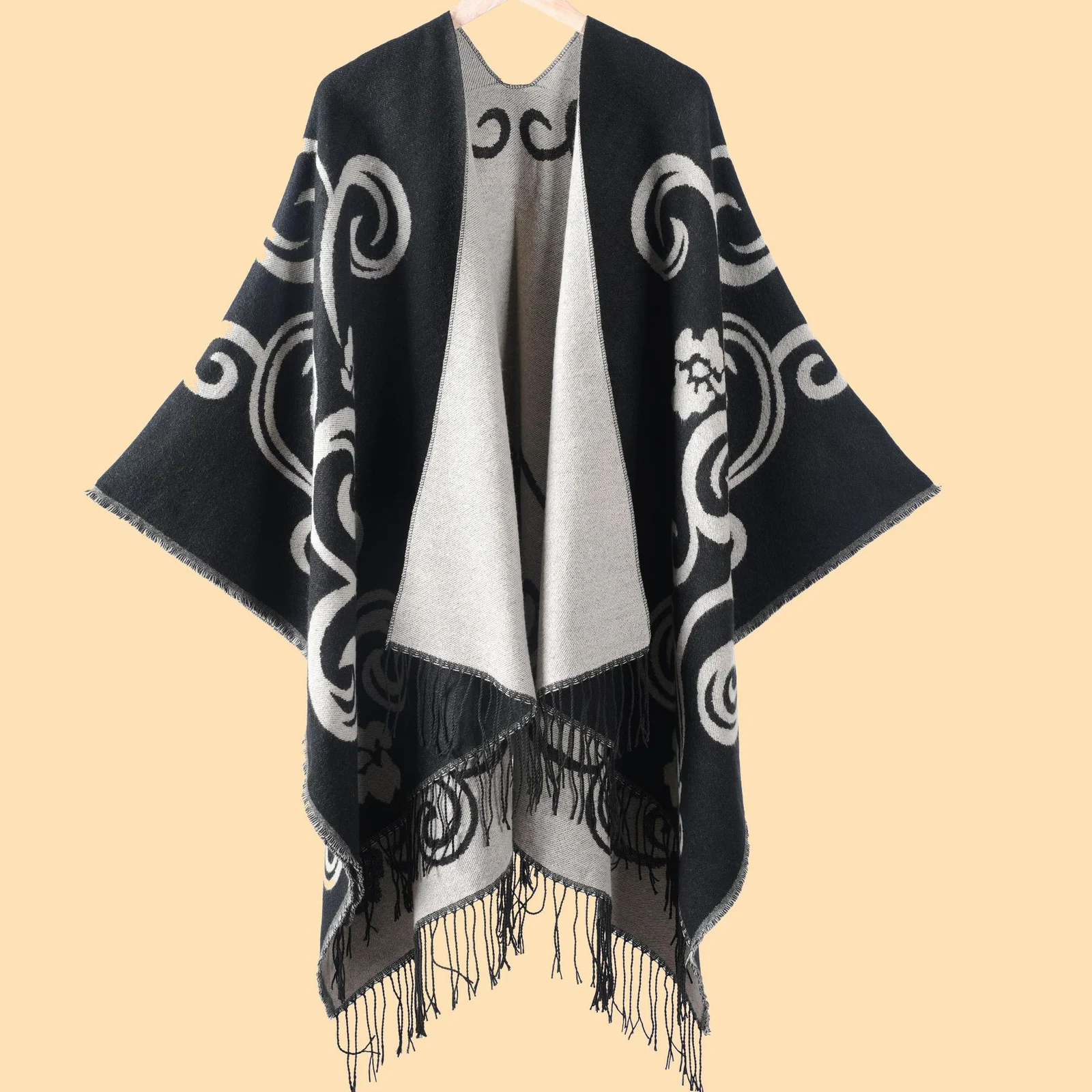 Women's Tai Chi Flower Split Shawl, Thick Warm Faux Cashmere Travel Cape… — image 2
