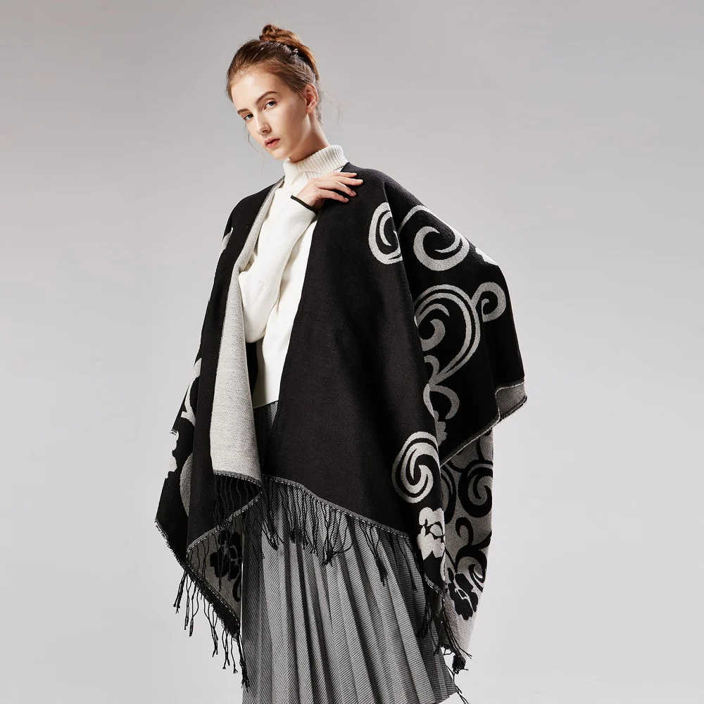 Women's Tai Chi Flower Split Shawl, Thick Warm Faux Cashmere Travel Cape… — image 3