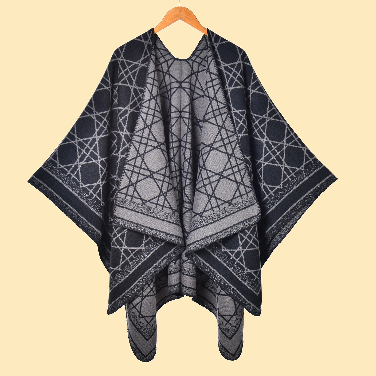 Women's Thick Striped Plaid Split Shawl, Minimalist All-match Warm Photo Poncho Cape… — image 2