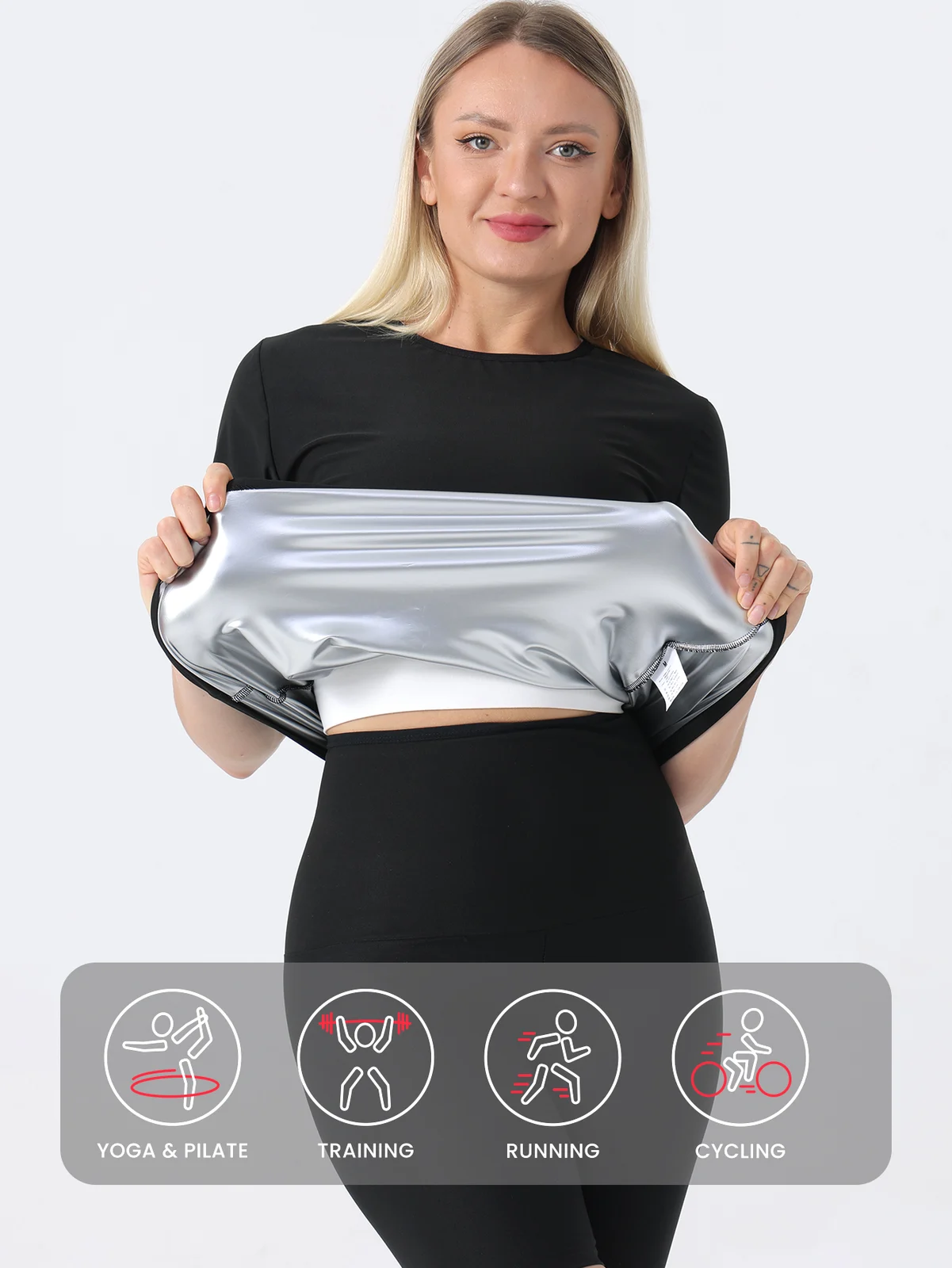 Women Sauna Sweat Short Sleeve Shirt, Silver Coated Thermal Workout Top, Heat Trapping… — image 5