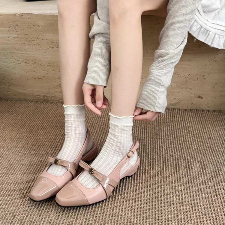 Women Two Tone Square Toe Slingback Flats Vintage Metal Flower Buckle Bow Ornament… — image 3