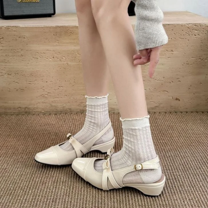 Women Two Tone Square Toe Slingback Flats Vintage Metal Flower Buckle Bow Ornament… — image 5