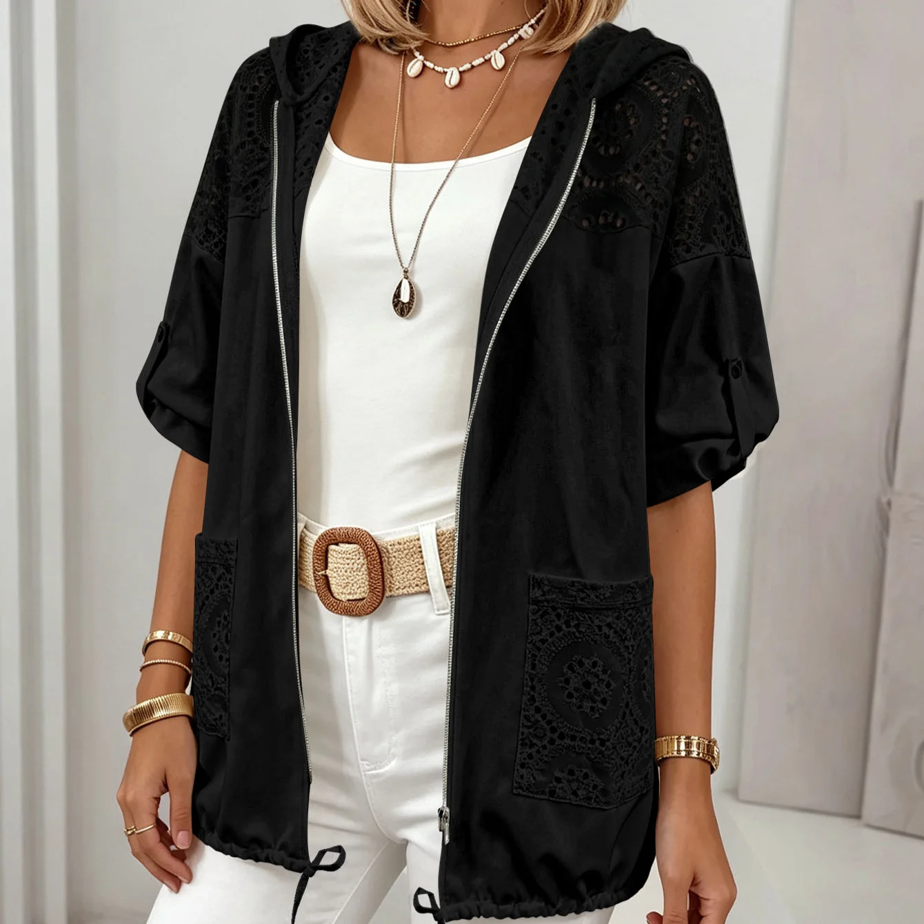Women White Lace Patchwork Hooded Short Sleeve Jacket, Hollow Out Crochet Cardigan… — image 4