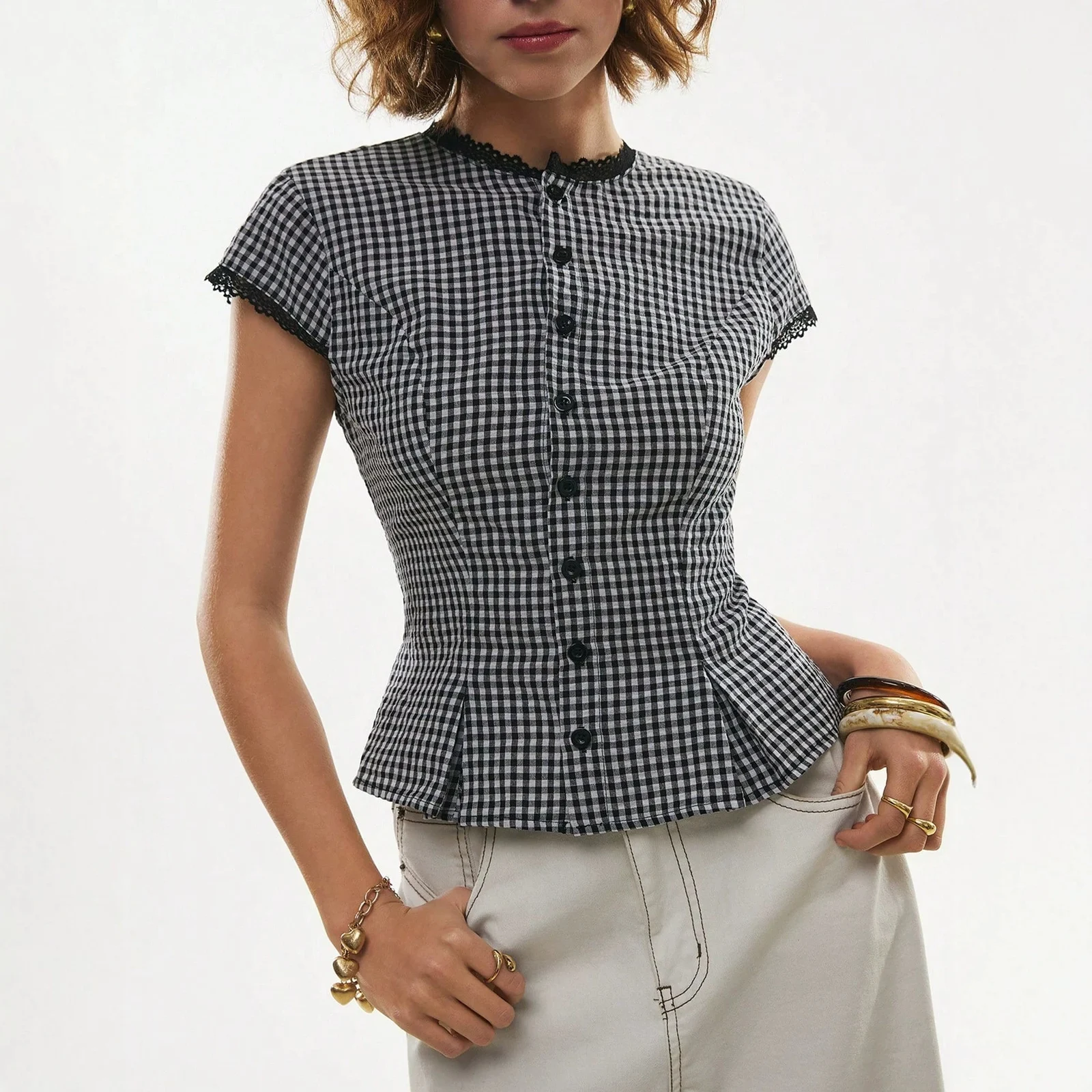 Womens Blue Plaid Lapel Short-sleeve Shirt — image 2