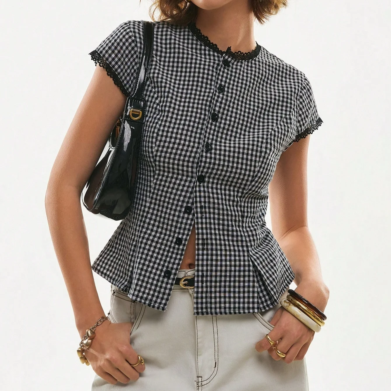 Womens Blue Plaid Lapel Short-sleeve Shirt — image 1