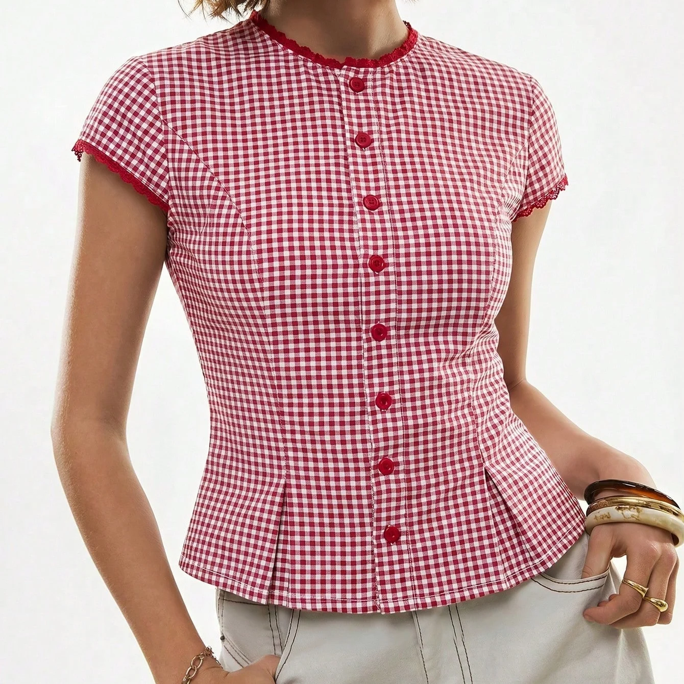 Womens Blue Plaid Lapel Short-sleeve Shirt — image 4