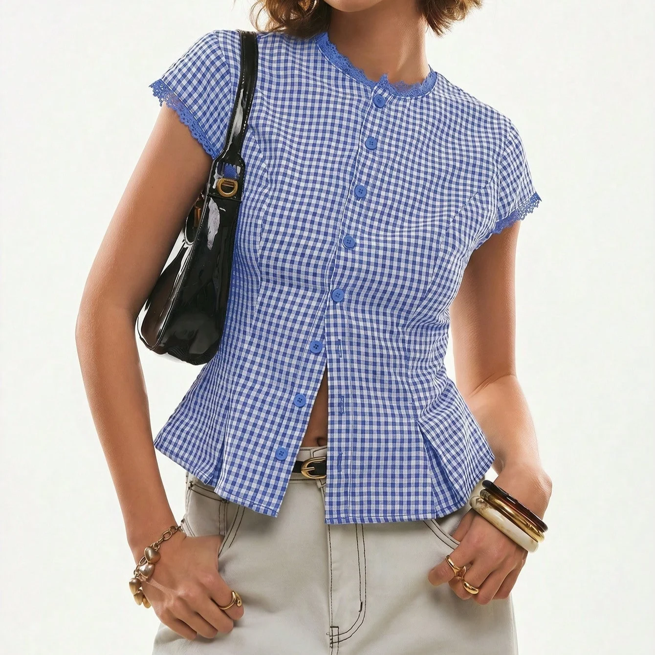 Womens Blue Plaid Lapel Short-sleeve Shirt — image 3