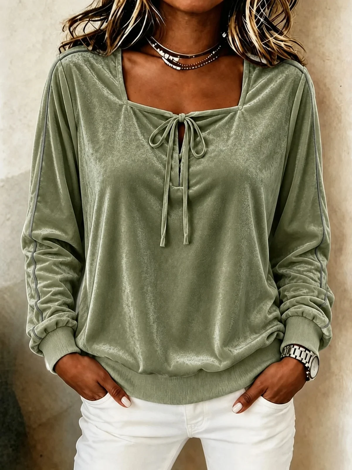 Womens Boat-neck Lace-up T-shirt With A Bow Tie — image 5