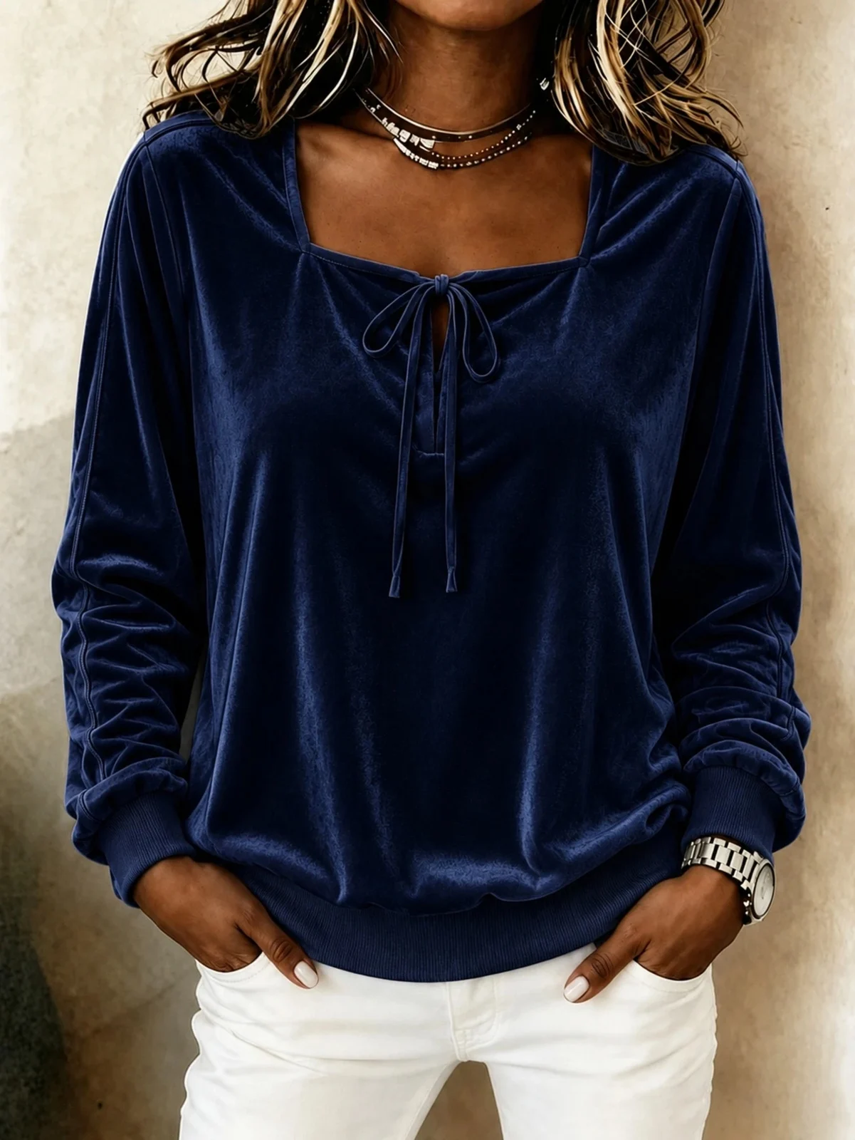 Womens Boat-neck Lace-up T-shirt With A Bow Tie — image 1