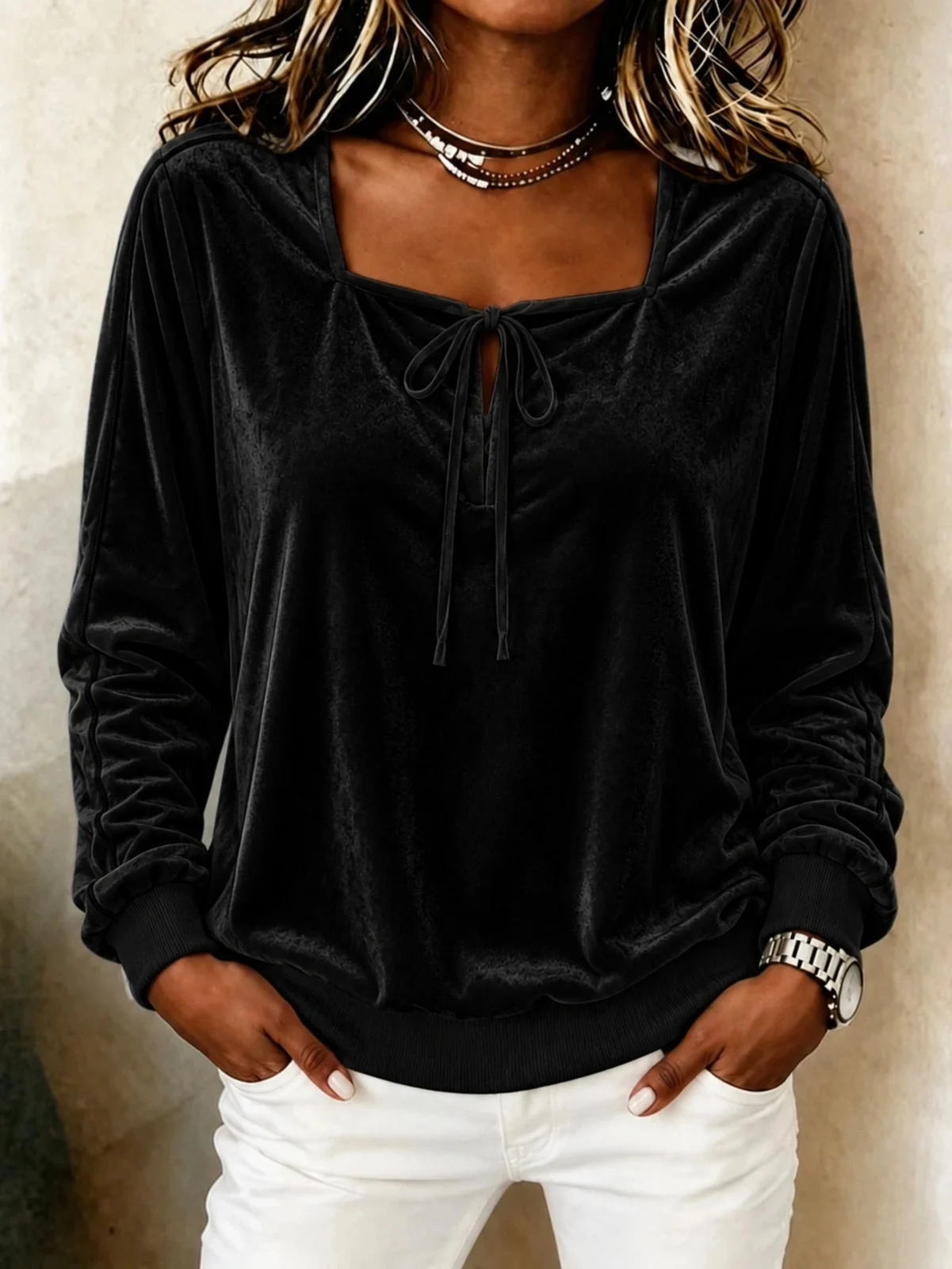 Womens Boat-neck Lace-up T-shirt With A Bow Tie — image 7